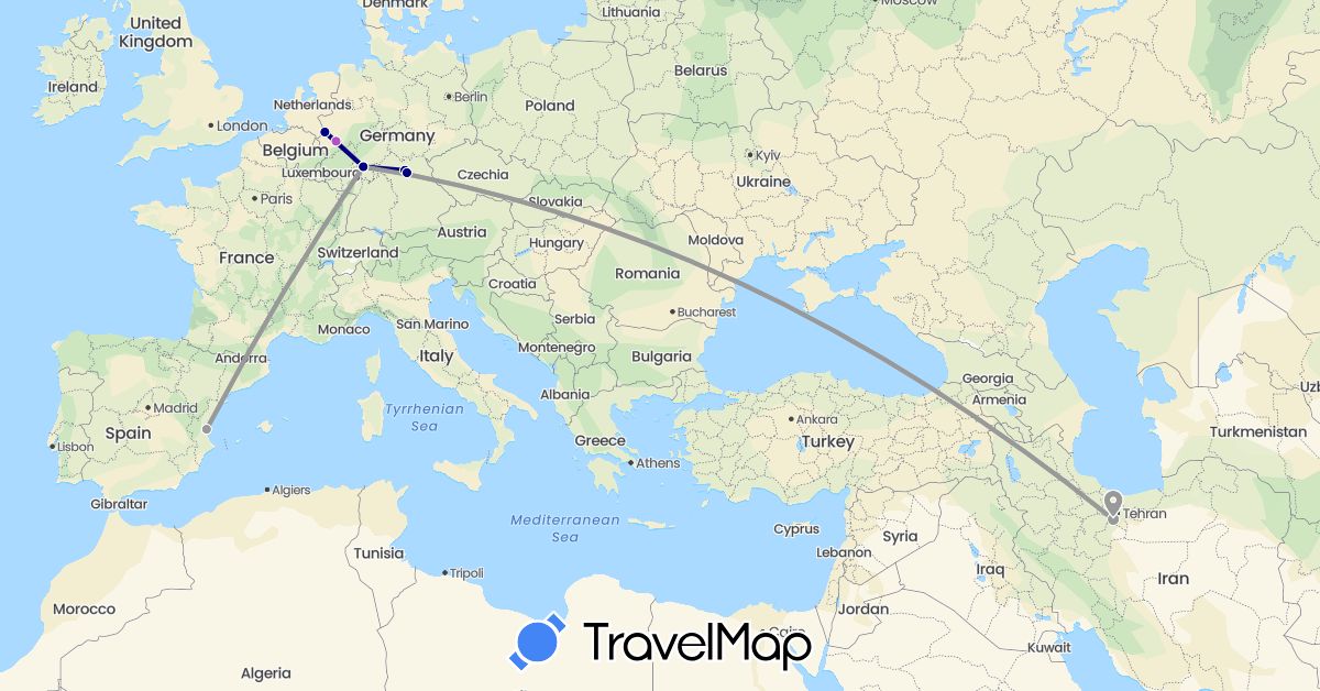 TravelMap itinerary: driving, plane, train in Germany, Spain, Iran (Asia, Europe)